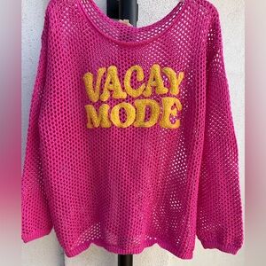 BiBi Bright Pink Open-Knit Sweater with Yellow 'VACAY MODE' Appliqué